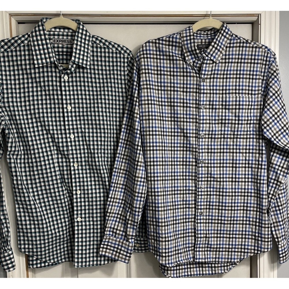 2 Mens Sz Small CHECKERED Long Sleeve Button Shirts Express Van Heusen Fitted